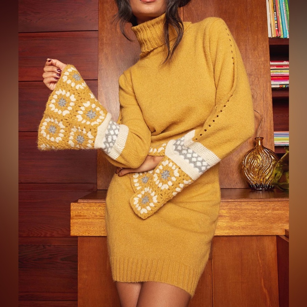 It's Groovy Mustard Yellow Multi Knit Turtleneck Sweater Dress